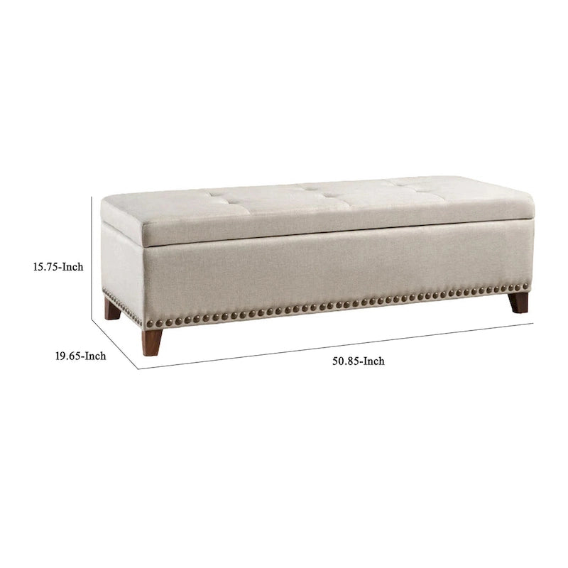 Banc ottoman de rangement en tissu capitonné de 130 cm, garniture cloutée en laiton, charnières à fermeture douce