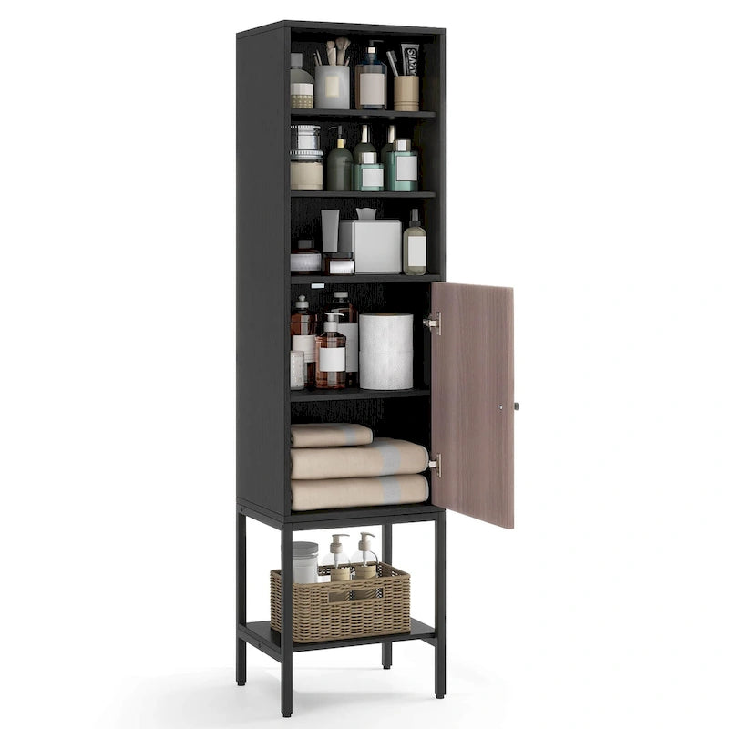 57"H Tall Storage Cabinet, 1 Door, 4 Adjustable Shelves, Metal Legs, Soft-Close, 2 Colors