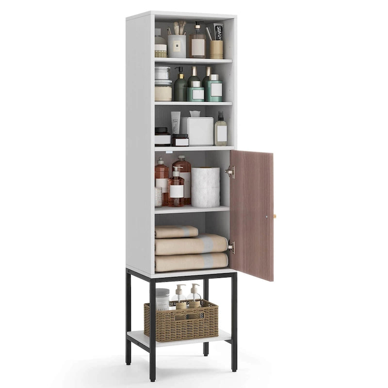 57"H Tall Storage Cabinet, 1 Door, 4 Adjustable Shelves, Metal Legs, Soft-Close, 2 Colors
