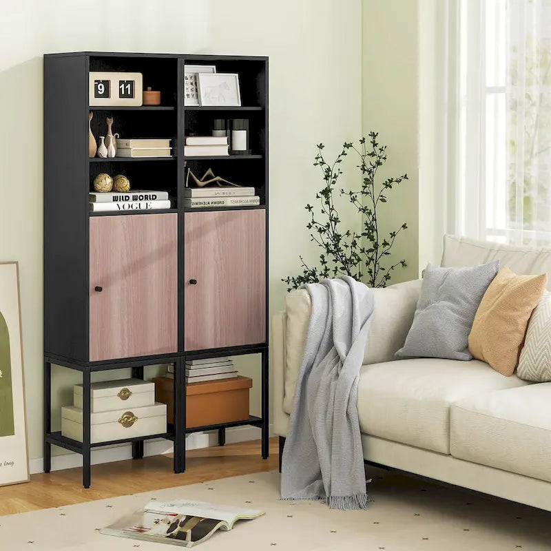 57"H Tall Storage Cabinet, 1 Door, 4 Adjustable Shelves, Metal Legs, Soft-Close, 2 Colors