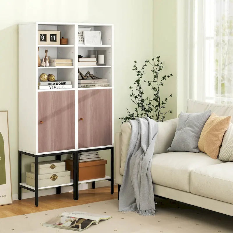 57"H Tall Storage Cabinet, 1 Door, 4 Adjustable Shelves, Metal Legs, Soft-Close, 2 Colors