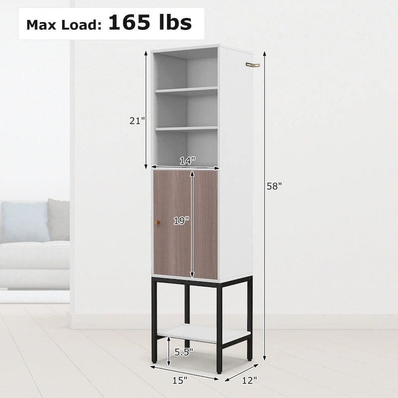57"H Tall Storage Cabinet, 1 Door, 4 Adjustable Shelves, Metal Legs, Soft-Close, 2 Colors