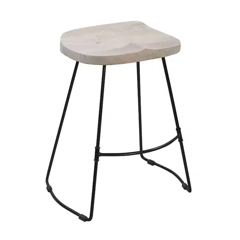 The Urban Port 24" Backless Counter Height Barstool Whitewashed Mango Wood Saddle Seat Black Metal Base White/Black