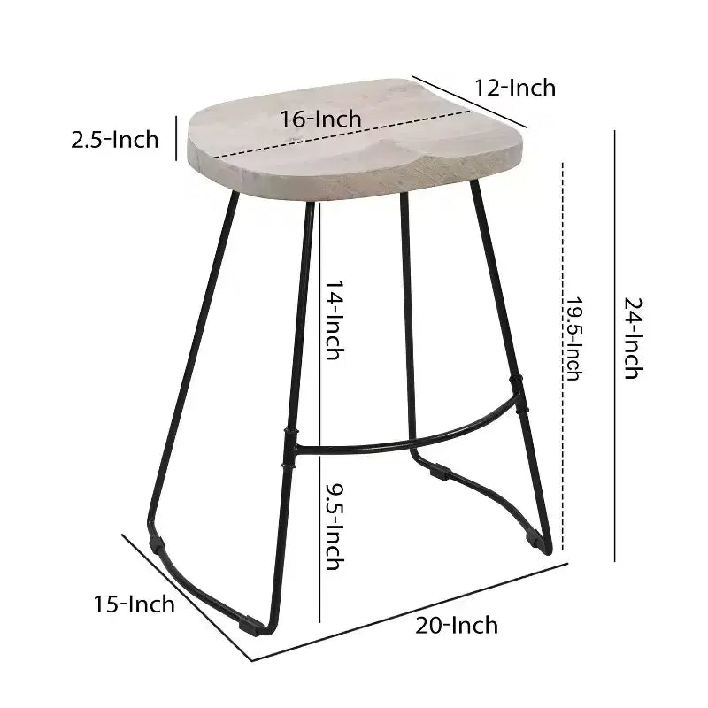 Tabouret de bar sans dossier Urban Port 61 cm, hauteur comptoir, assise selle en manguier blanchi, base en métal noir, blanc/noir