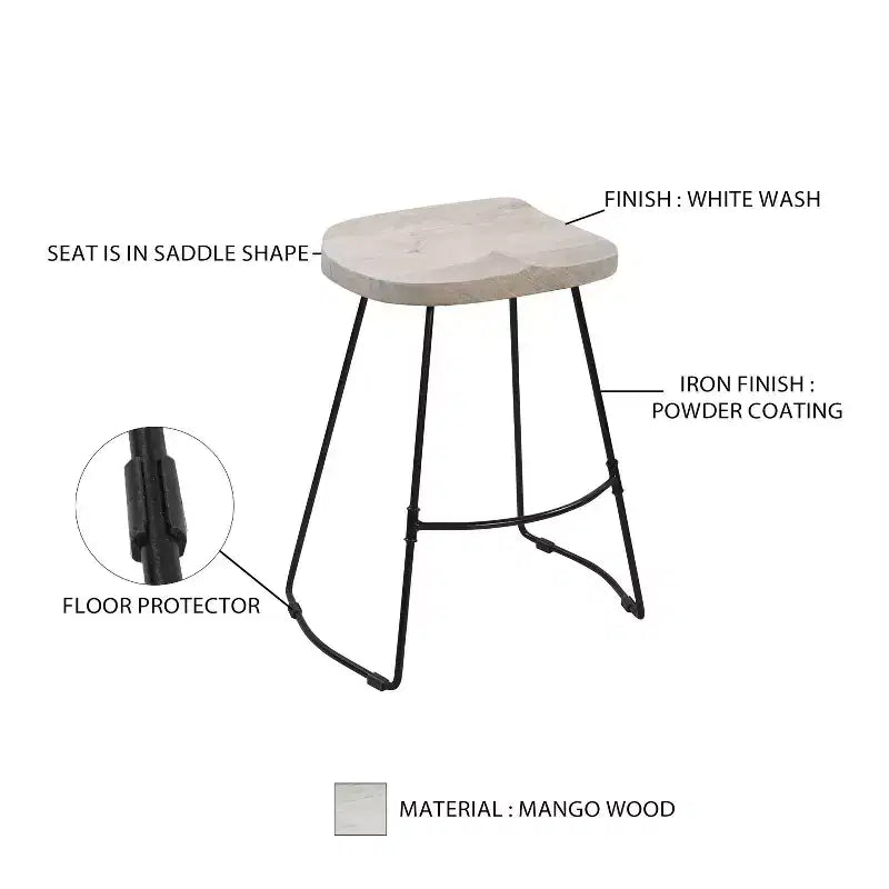 Tabouret de bar sans dossier Urban Port 61 cm, hauteur comptoir, assise selle en manguier blanchi, base en métal noir, blanc/noir