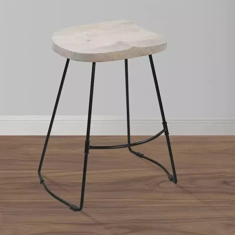 Tabouret de bar sans dossier Urban Port 61 cm, hauteur comptoir, assise selle en manguier blanchi, base en métal noir, blanc/noir