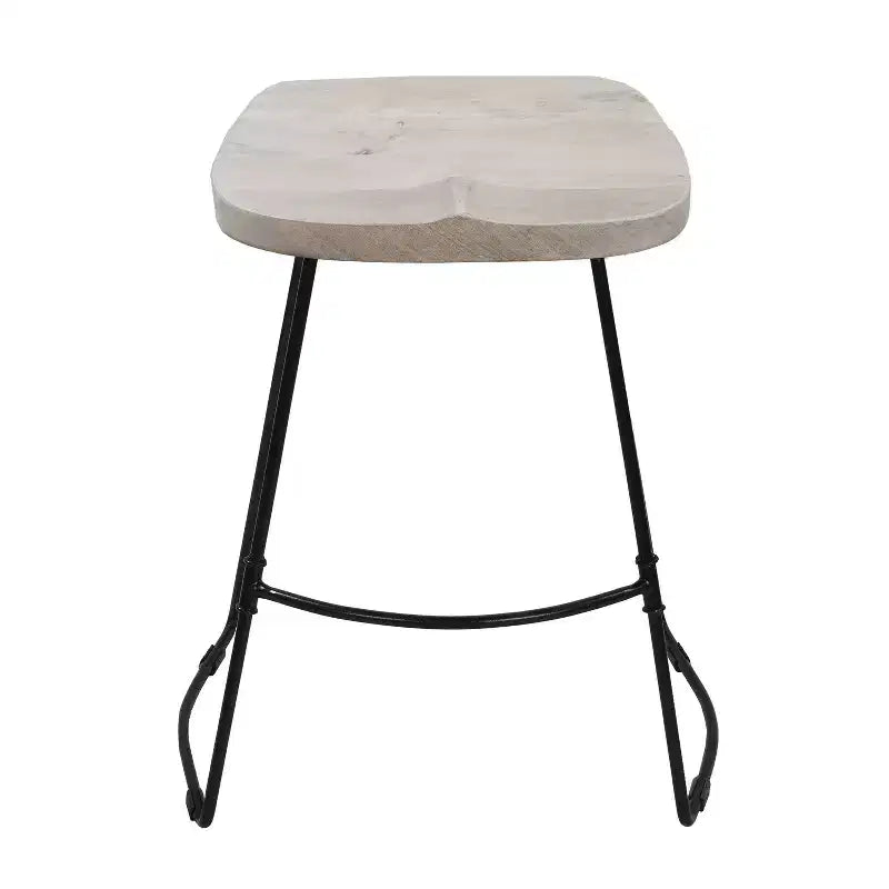 Tabouret de bar sans dossier Urban Port 61 cm, hauteur comptoir, assise selle en manguier blanchi, base en métal noir, blanc/noir