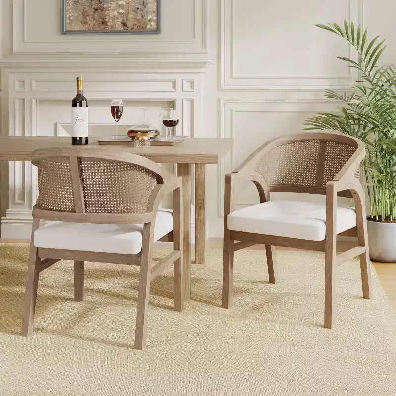 Christopher Knight Home Lot de 2 chaises de salle à manger Emery en bois d'hévéa rembourrées avec dossier incurvé en rotin Cendres claires
