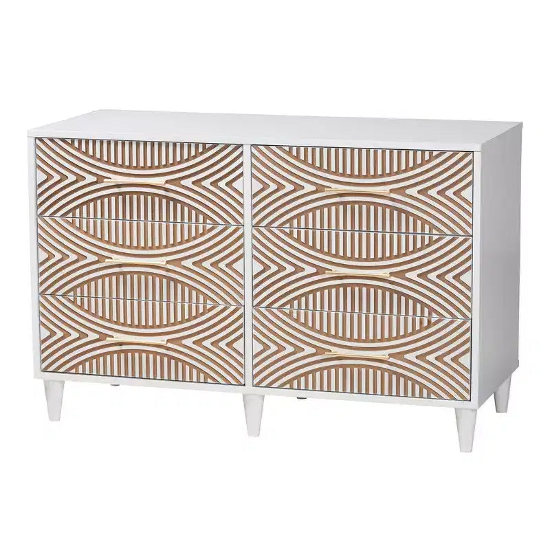 Commode à 6 tiroirs contrastés sculptés Baxton Studio Louetta Blanc/Marron Naturel
