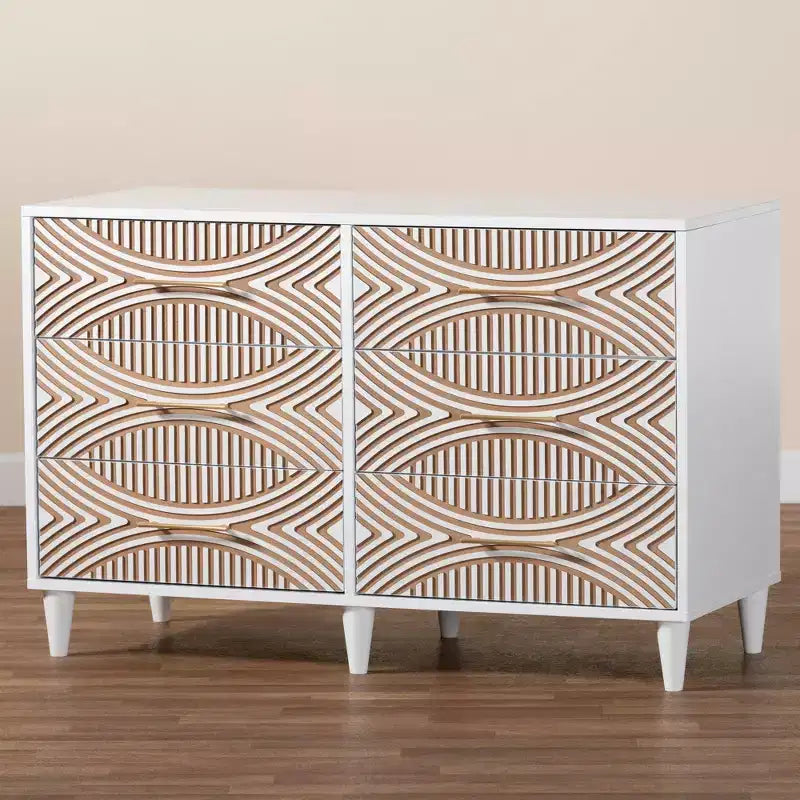 Commode à 6 tiroirs contrastés sculptés Baxton Studio Louetta Blanc/Marron Naturel