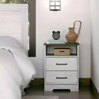Prepac Rustic Ridge Farmhouse Nightstand with 2 Drawers and Open Cubby Washed White