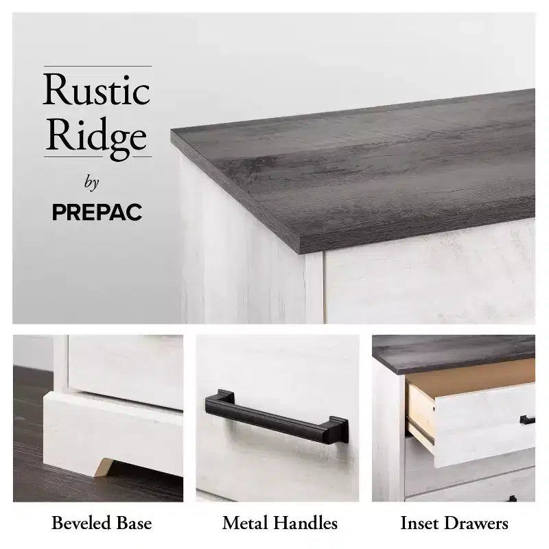 Prepac Rustic Ridge Farmhouse Nightstand with 2 Drawers and Open Cubby Washed White