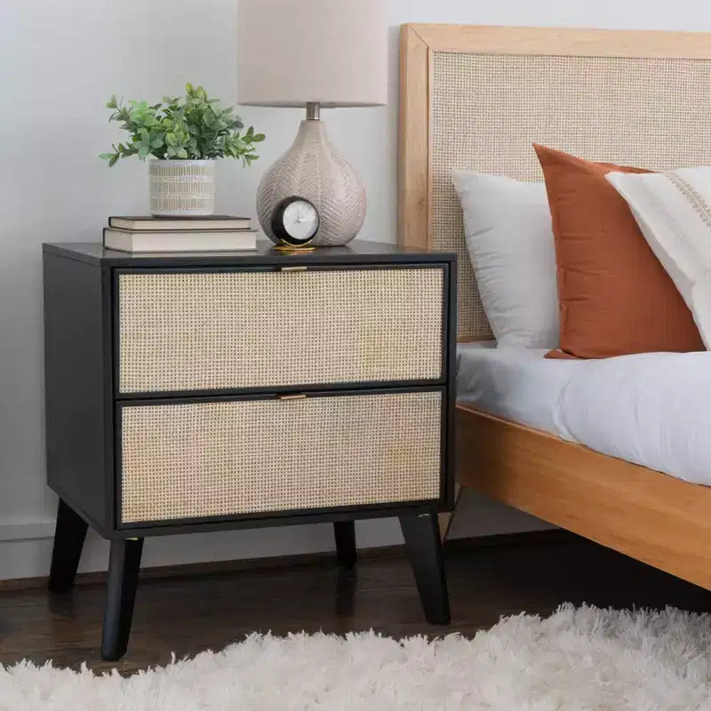 Table de chevet Powell Chancery noire et canne avec 2 tiroirs