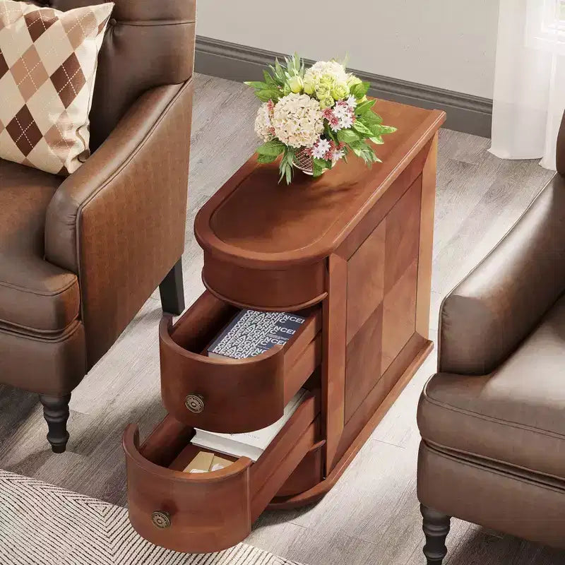 LITTLE TREE Table d'appoint étroite à 2 tiroirs en bois massif Noyer