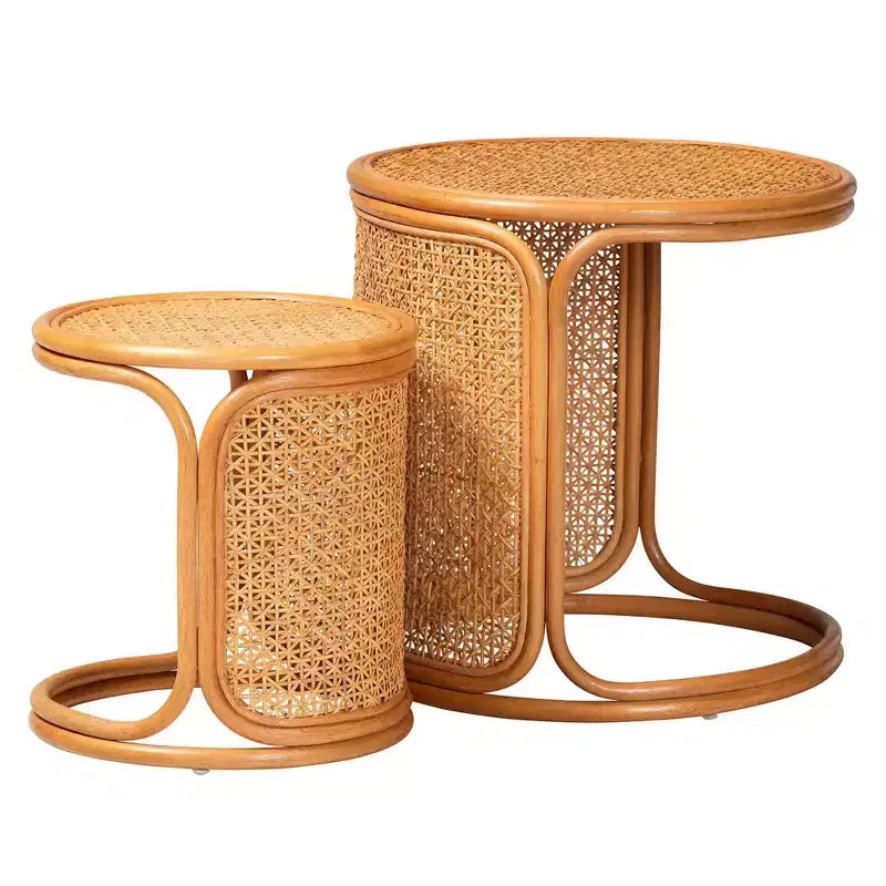 bali & pari Lot de 2 tables d'appoint gigognes en rotin Eldon Miel clair