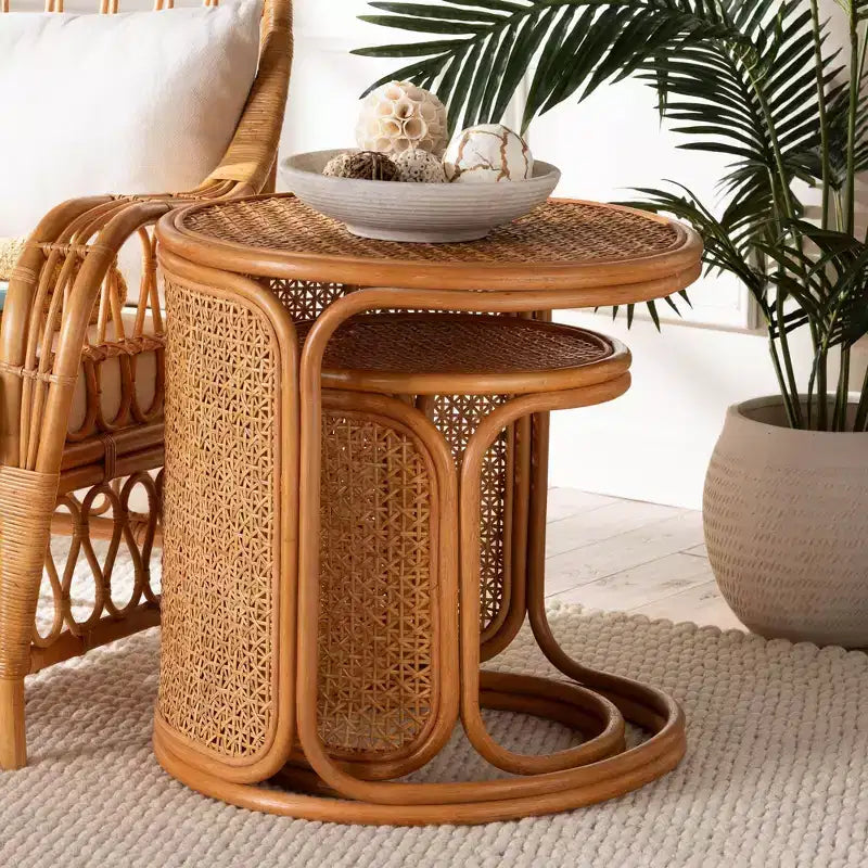 bali & pari Lot de 2 tables d'appoint gigognes en rotin Eldon Miel clair