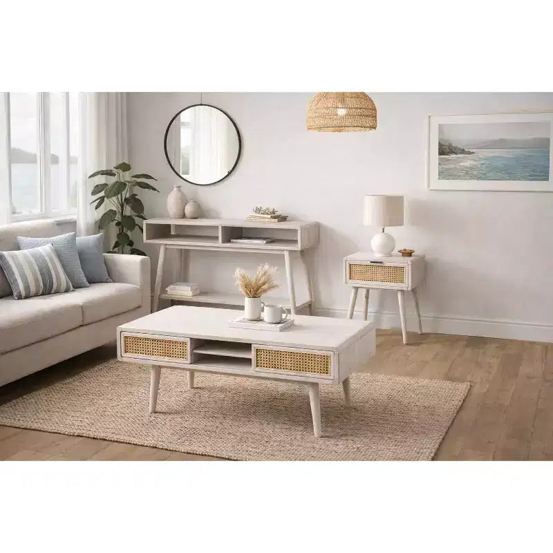 Table d'appoint Boraam Cambria Blanchi/Rotin naturel