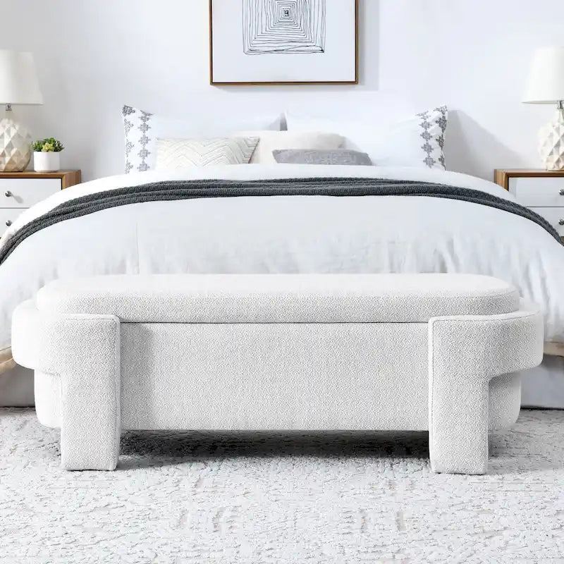Banc tapissé de tissu en lin avec grand espace de rangement pour le salon, l'entrée et la chambre, blanc