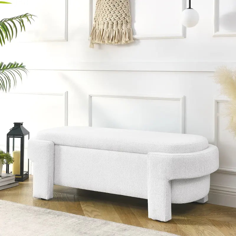 Banc tapissé de tissu en lin avec grand espace de rangement pour le salon, l'entrée et la chambre, blanc