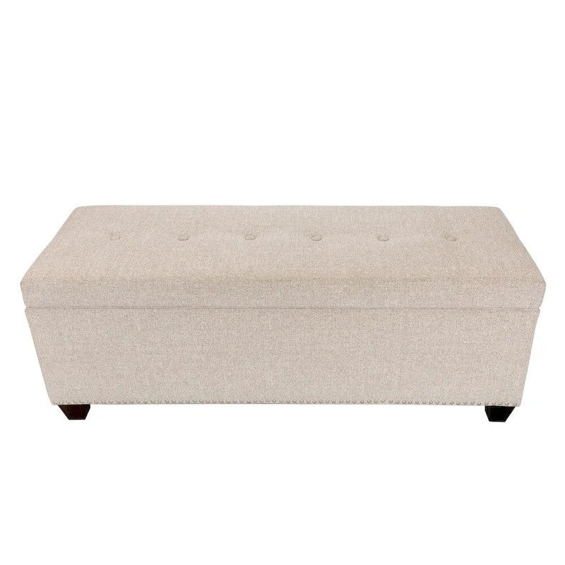 Banc de rangement pour chaussures et linge, double section avec dessus relevable, 53 po de long, capitonné, garniture cloutée, fabriqué aux États-Unis