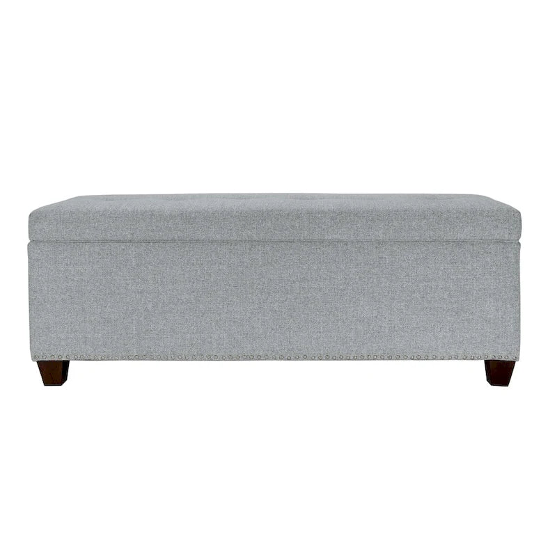 Banc de rangement pour chaussures et linge, double section avec dessus relevable, 53 po de long, capitonné, garniture cloutée, fabriqué aux États-Unis