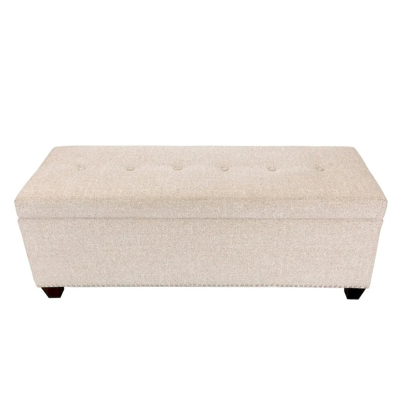 Banc de rangement pour chaussures et linge, double section avec dessus relevable, 53 po de long, capitonné, garniture cloutée, fabriqué aux États-Unis