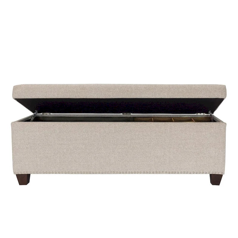 Banc de rangement pour chaussures et linge, double section avec dessus relevable, 53 po de long, capitonné, garniture cloutée, fabriqué aux États-Unis