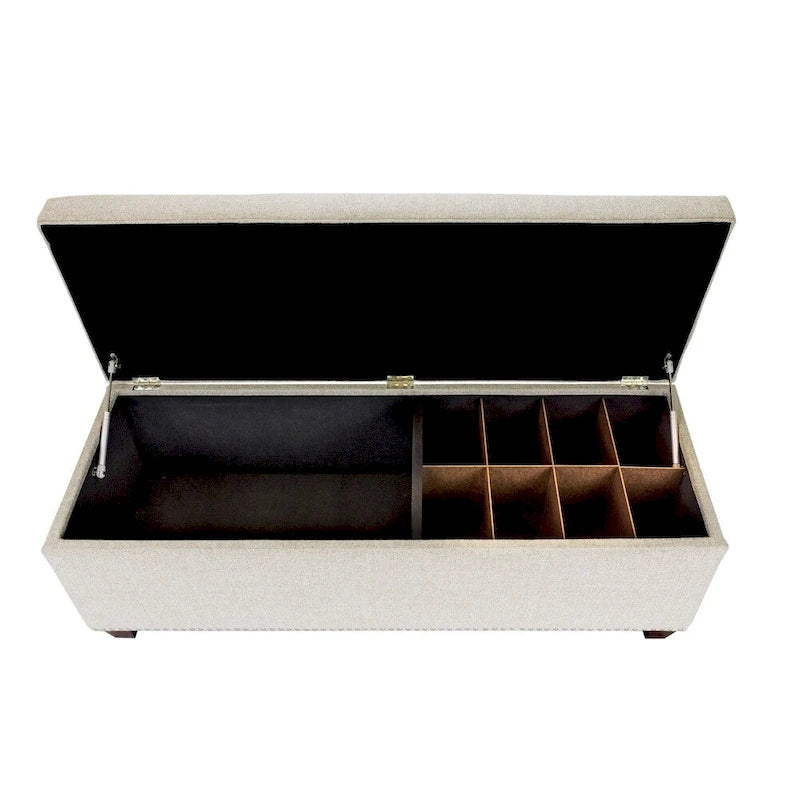 Banc de rangement pour chaussures et linge, double section avec dessus relevable, 53 po de long, capitonné, garniture cloutée, fabriqué aux États-Unis