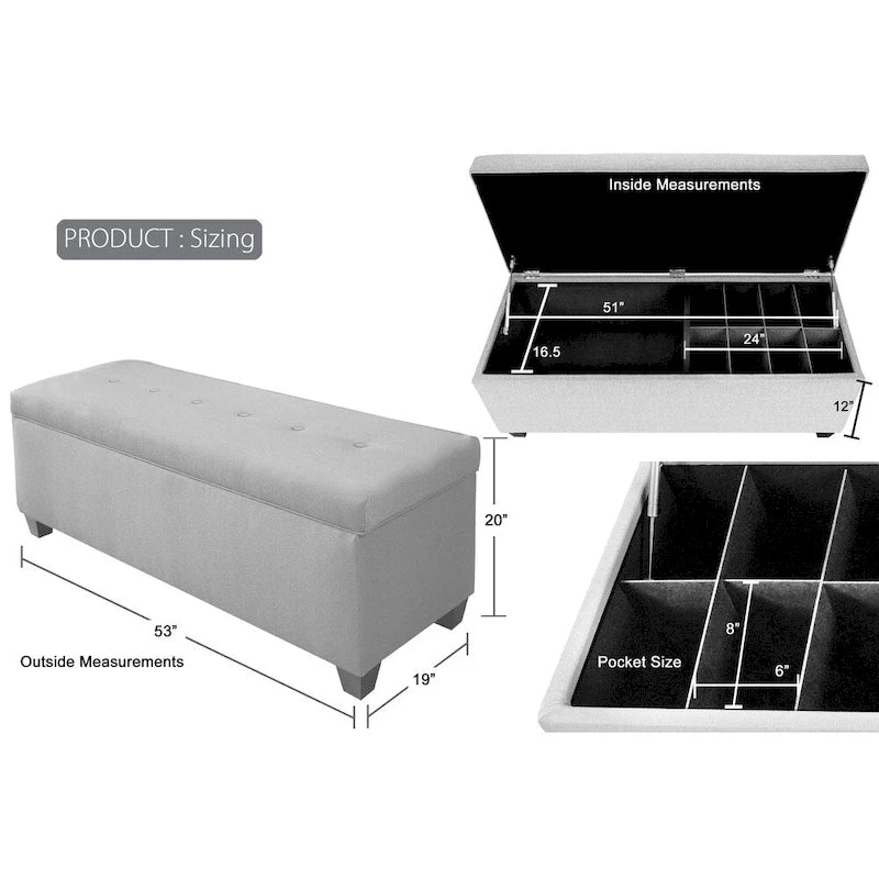 Banc de rangement pour chaussures et linge, double section avec dessus relevable, 53 po de long, capitonné, garniture cloutée, fabriqué aux États-Unis