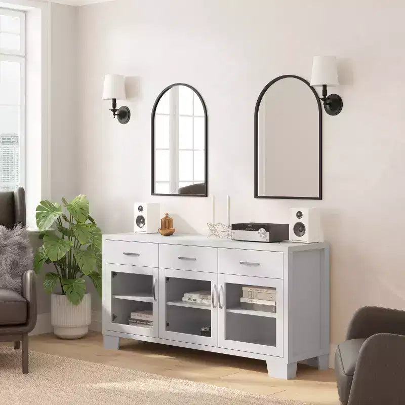 Flash Furniture Wells Modern Kitchen and Dining Room Buffet Sideboard Storage Cabinet, Engineered Wood with 3 Tempered Glass Doors and 3 Drawers