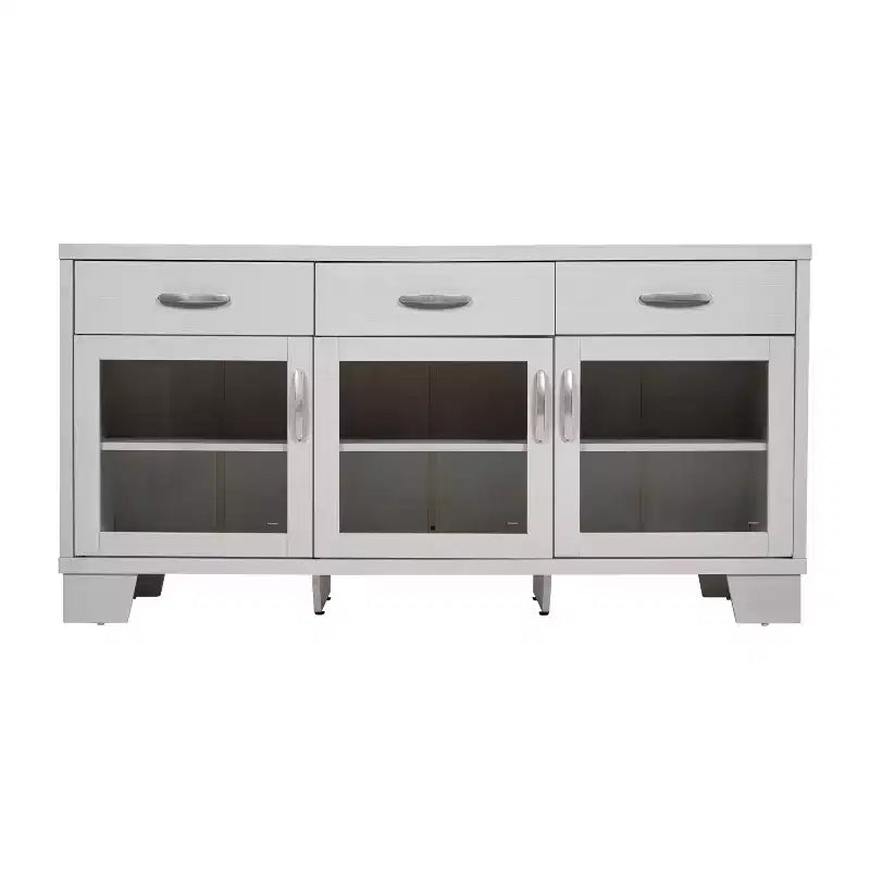 Flash Furniture Wells Modern Kitchen and Dining Room Buffet Sideboard Storage Cabinet, Engineered Wood with 3 Tempered Glass Doors and 3 Drawers
