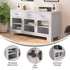 Flash Furniture Wells Modern Kitchen and Dining Room Buffet Sideboard Storage Cabinet, Engineered Wood with 3 Tempered Glass Doors and 3 Drawers