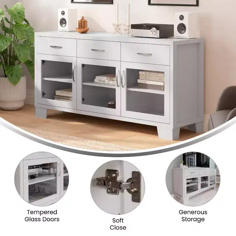 Flash Furniture Wells Modern Kitchen and Dining Room Buffet Sideboard Storage Cabinet, Engineered Wood with 3 Tempered Glass Doors and 3 Drawers