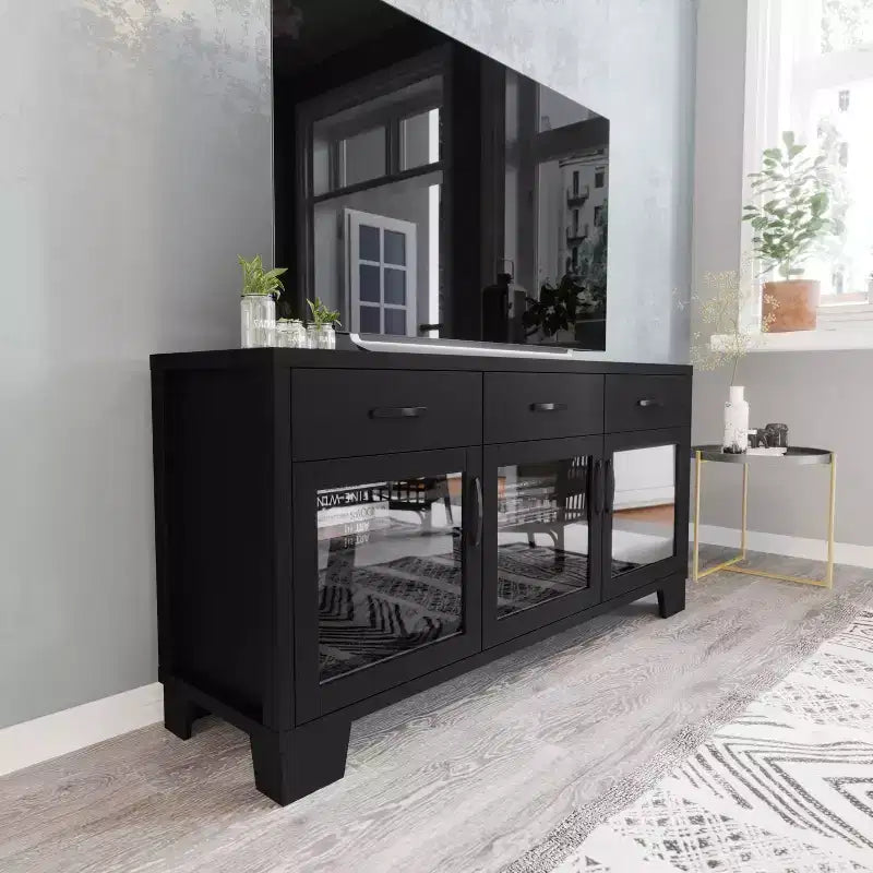 Flash Furniture Wells Modern Kitchen and Dining Room Buffet Sideboard Storage Cabinet, Engineered Wood with 3 Tempered Glass Doors and 3 Drawers