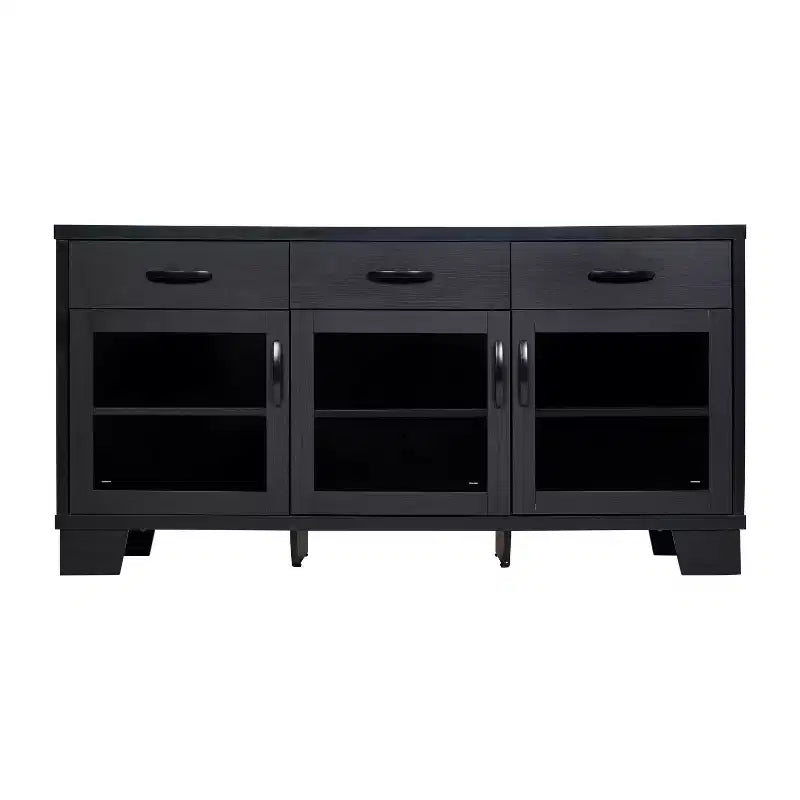 Flash Furniture Wells Modern Kitchen and Dining Room Buffet Sideboard Storage Cabinet, Engineered Wood with 3 Tempered Glass Doors and 3 Drawers
