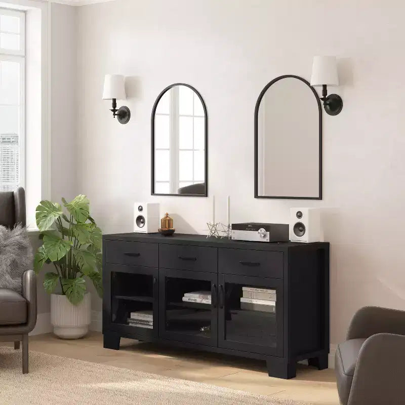 Flash Furniture Wells Modern Kitchen and Dining Room Buffet Sideboard Storage Cabinet, Engineered Wood with 3 Tempered Glass Doors and 3 Drawers