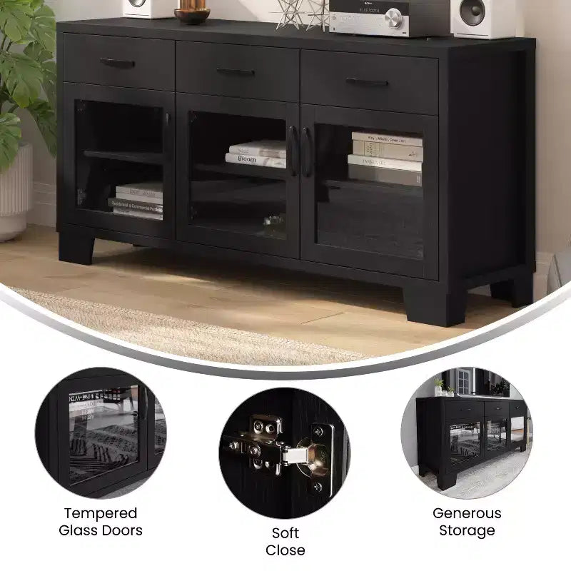 Flash Furniture Wells Modern Kitchen and Dining Room Buffet Sideboard Storage Cabinet, Engineered Wood with 3 Tempered Glass Doors and 3 Drawers