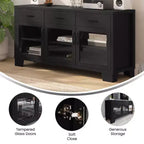 Flash Furniture Wells Modern Kitchen and Dining Room Buffet Sideboard Storage Cabinet, Engineered Wood with 3 Tempered Glass Doors and 3 Drawers