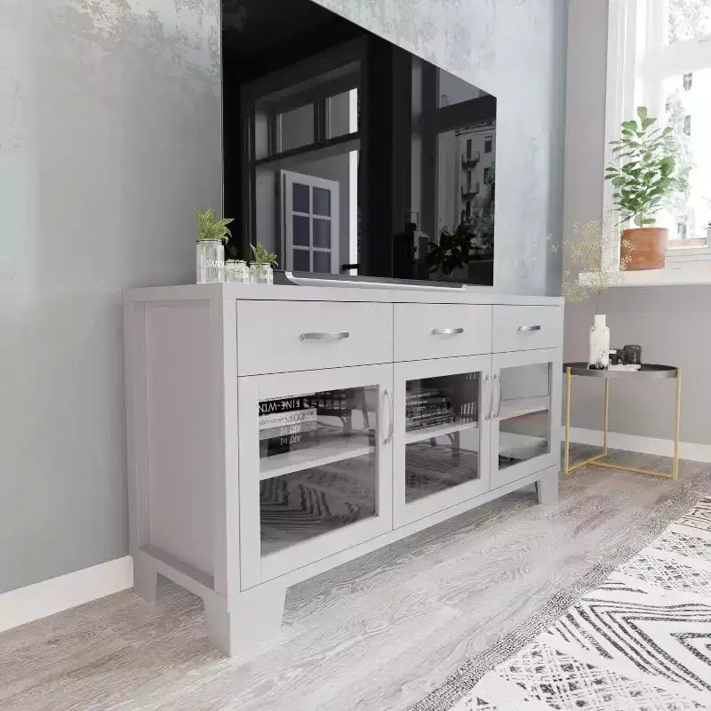 Flash Furniture Wells Modern Kitchen and Dining Room Buffet Sideboard Storage Cabinet, Engineered Wood with 3 Tempered Glass Doors and 3 Drawers