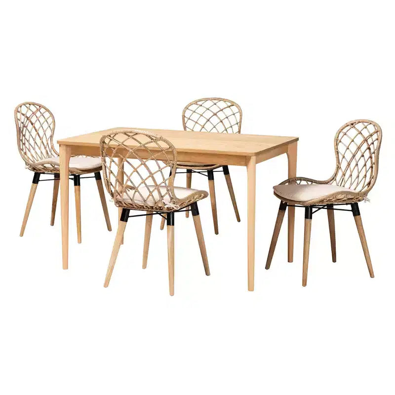 Ensemble de salle à manger 5 pièces Baxton Studio Sabelle moderne bohème en bois et rotin
