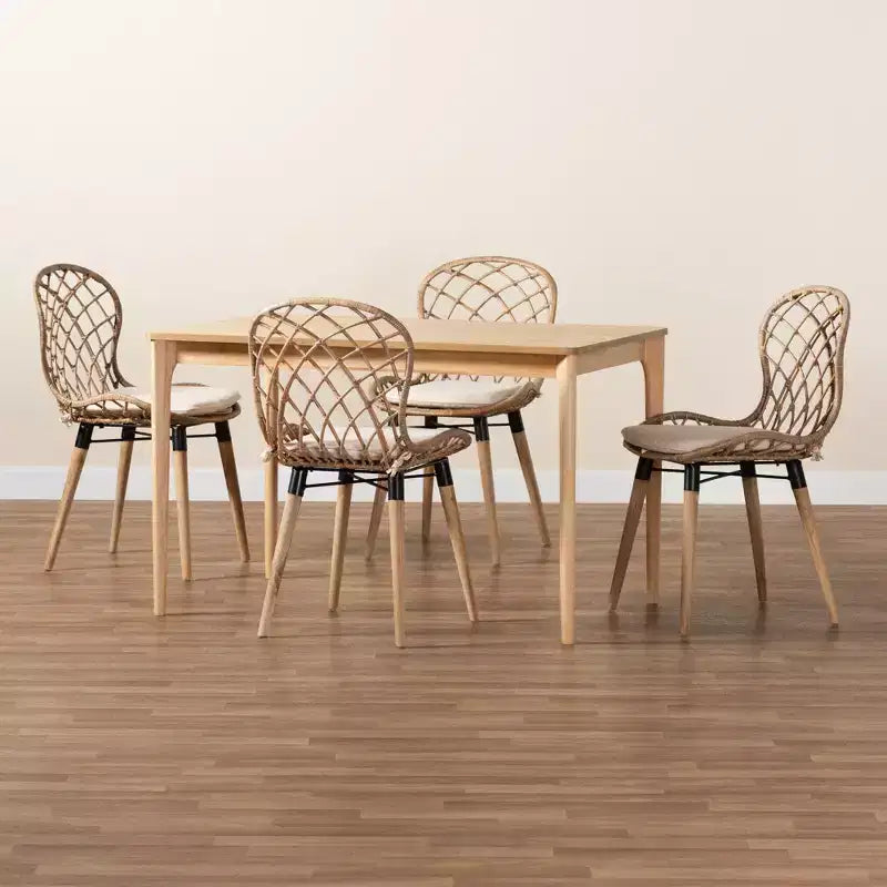 Ensemble de salle à manger 5 pièces Baxton Studio Sabelle moderne bohème en bois et rotin