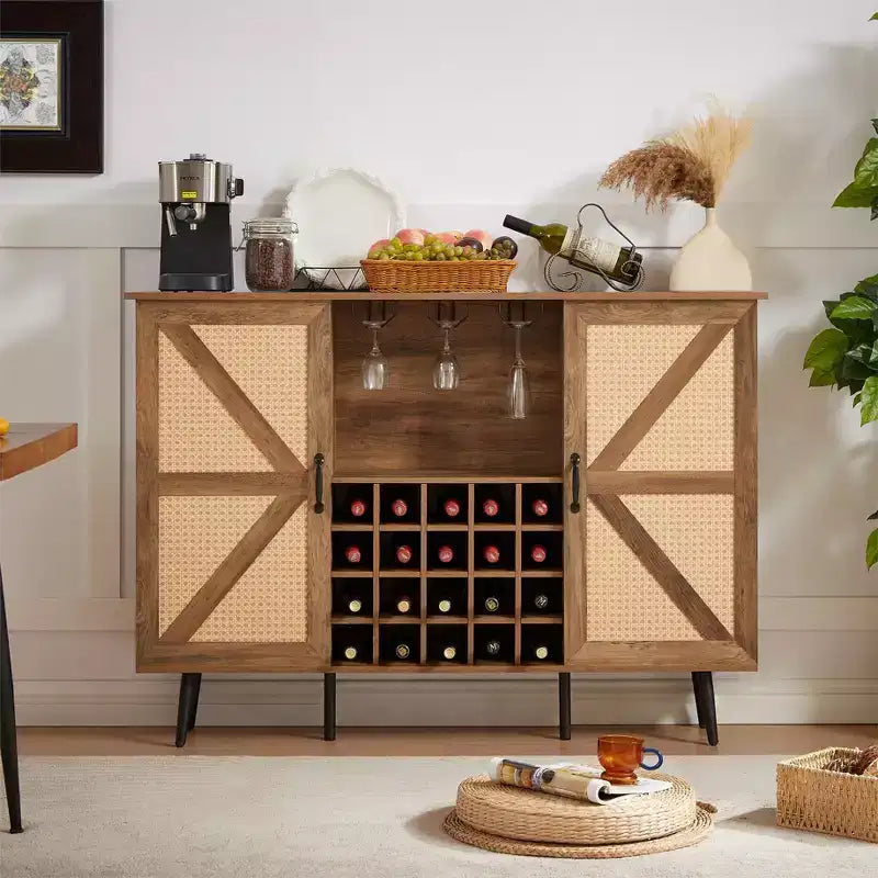 Meuble de Rangement 38.2H en Bois Rustique et Rotin Synthétique avec Compartiments Carrés, Étagères, 2 Portes et Tablettes Amovibles, 4Q -ModernLuxe