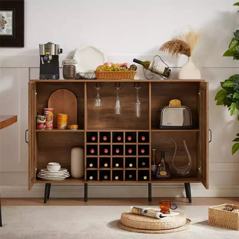 Meuble de Rangement 38.2H en Bois Rustique et Rotin Synthétique avec Compartiments Carrés, Étagères, 2 Portes et Tablettes Amovibles, 4Q -ModernLuxe
