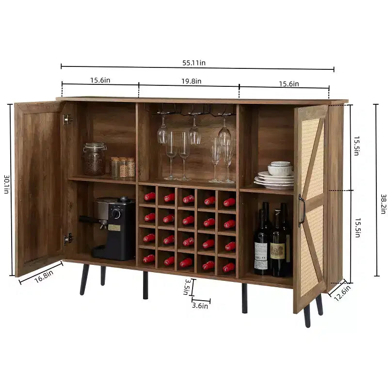 Meuble de Rangement 38.2H en Bois Rustique et Rotin Synthétique avec Compartiments Carrés, Étagères, 2 Portes et Tablettes Amovibles, 4Q -ModernLuxe