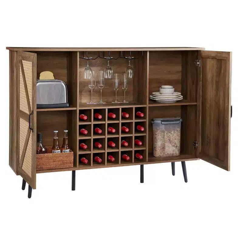 Meuble de Rangement 38.2H en Bois Rustique et Rotin Synthétique avec Compartiments Carrés, Étagères, 2 Portes et Tablettes Amovibles, 4Q -ModernLuxe