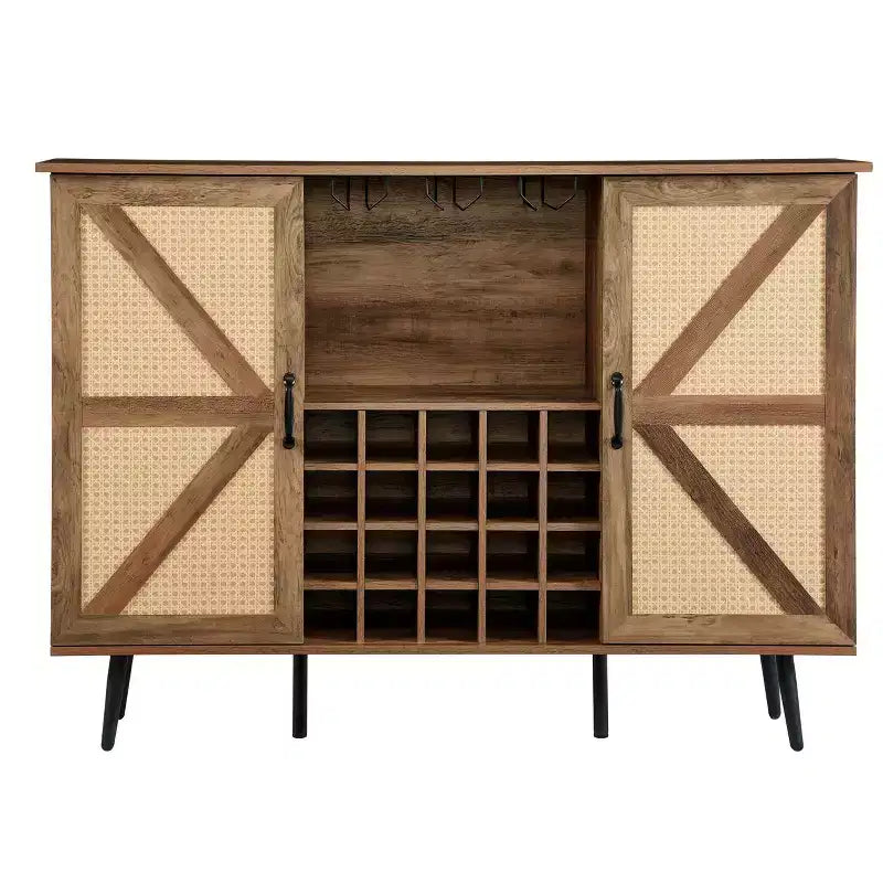 Meuble de Rangement 38.2H en Bois Rustique et Rotin Synthétique avec Compartiments Carrés, Étagères, 2 Portes et Tablettes Amovibles, 4Q -ModernLuxe