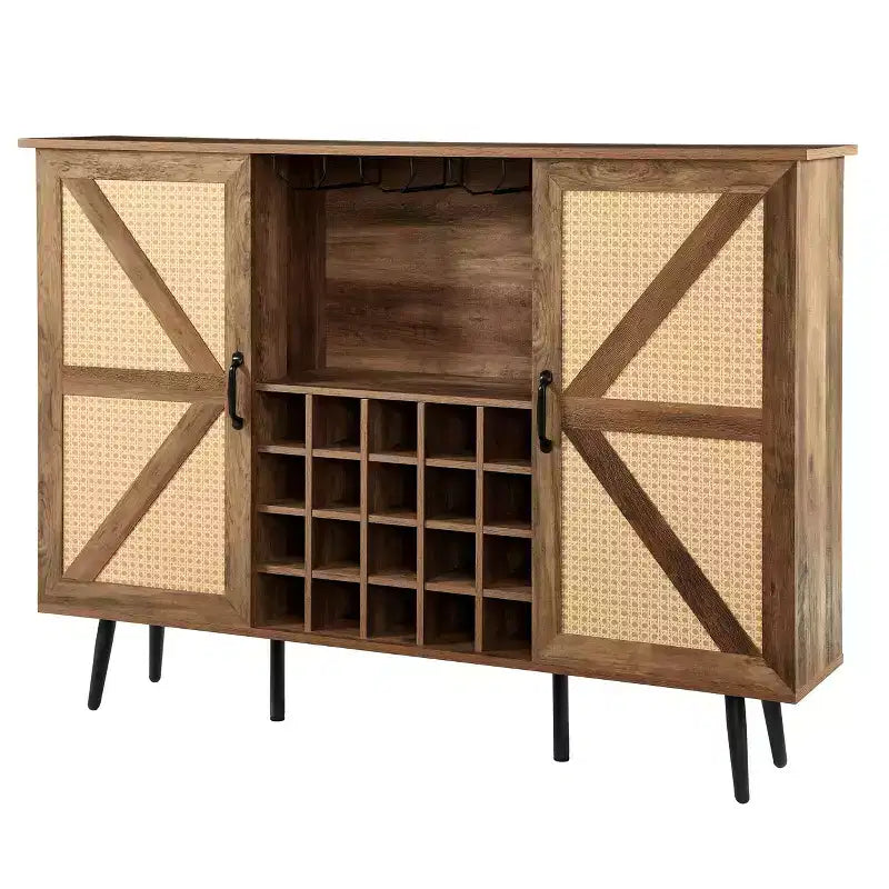 Meuble de Rangement 38.2H en Bois Rustique et Rotin Synthétique avec Compartiments Carrés, Étagères, 2 Portes et Tablettes Amovibles, 4Q -ModernLuxe