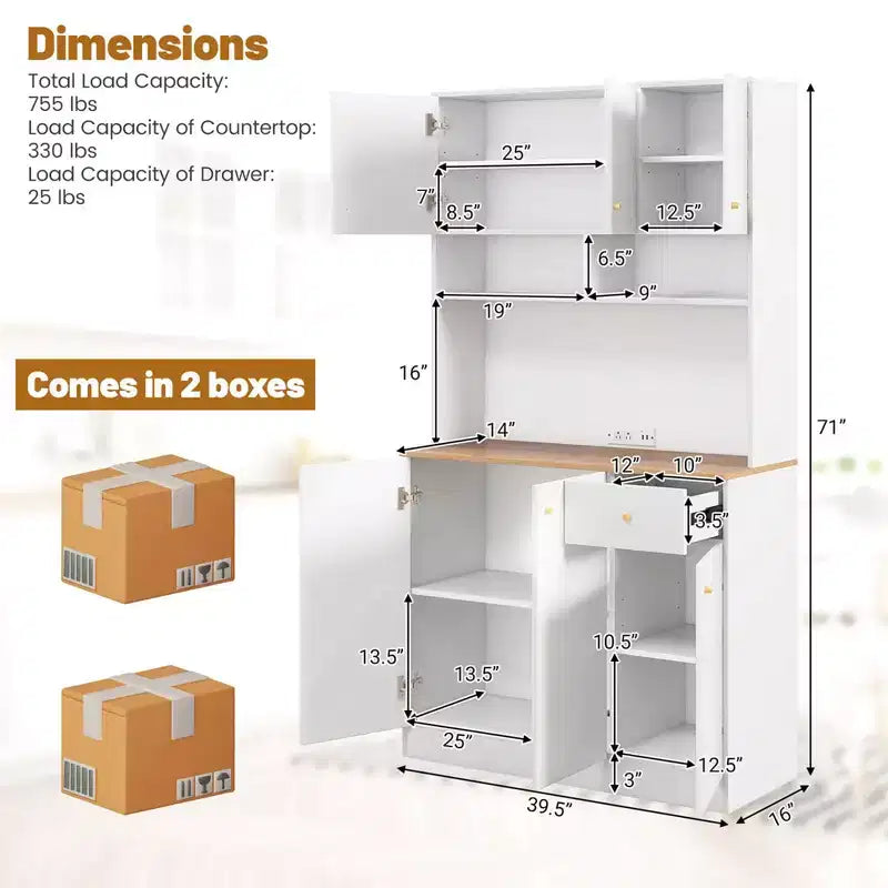 Costway 71 Tall Pantry Cabinet with Outlets USB Ports Anti-Tipping Kits Adjustable Shelves White