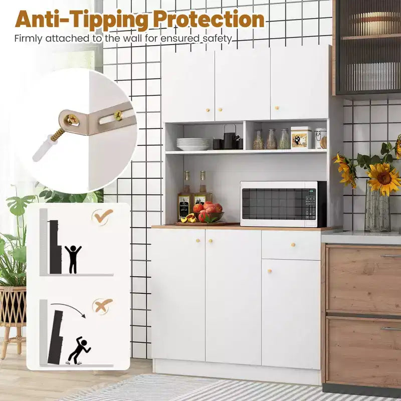 Costway 71 Tall Pantry Cabinet with Outlets USB Ports Anti-Tipping Kits Adjustable Shelves White