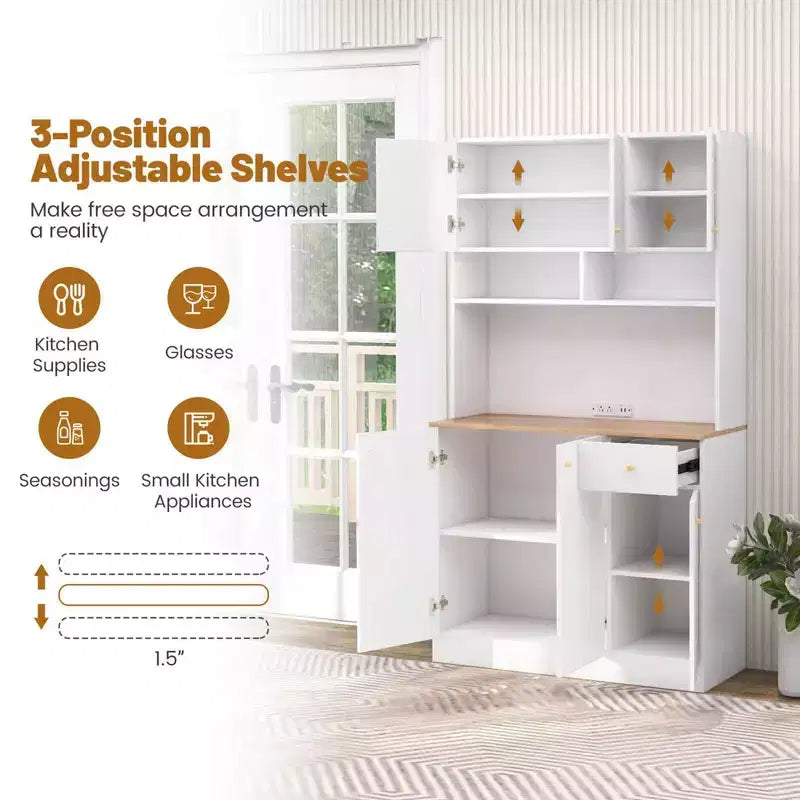 Costway 71 Tall Pantry Cabinet with Outlets USB Ports Anti-Tipping Kits Adjustable Shelves White